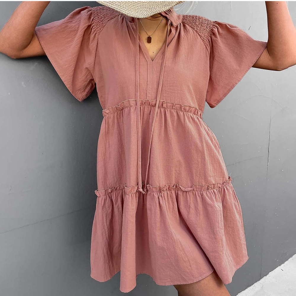 Dusty Pink Boho Tiered Peasant Dress | Feather Tie Neckline & Puff Sleeves Sold❌ - Picture 1 of 5